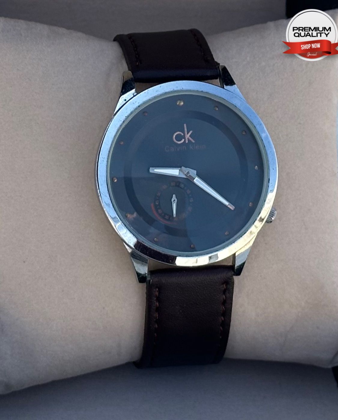 Calvin Klein Mens Watch (Black Dial & Brown Strap & Silver Color )